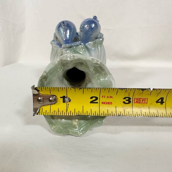VTG Ceramic Iridescent Blue Sea Ocean Wave 2 Dolphins Scallop Shell Bud Vase - Picture 10 of 11